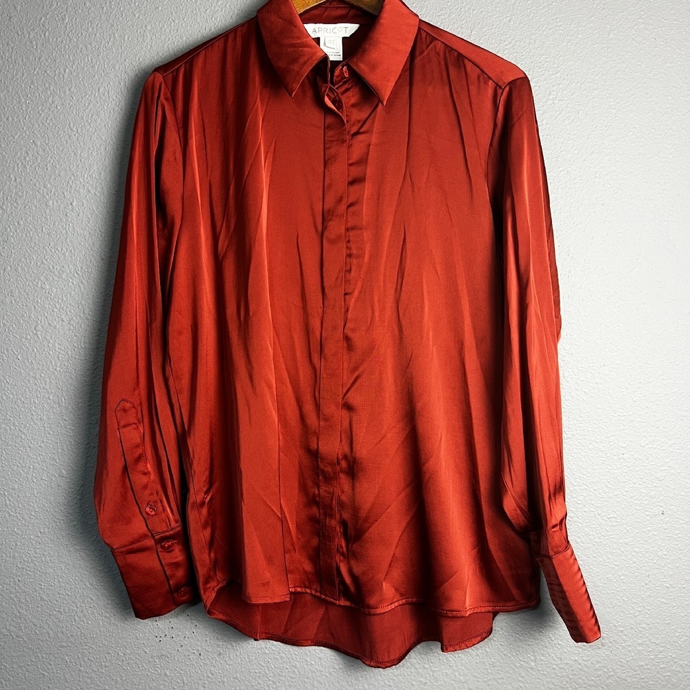 Apricot Oversized Chiffon Rust Button-Up‎ Shirt Long Sleeve Collared Blouse Sz 6